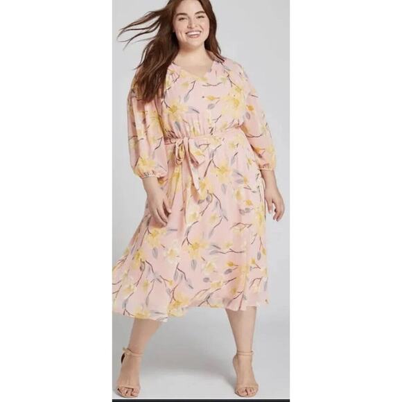 Lane Bryant Dress 14 Womens Floral Chiffon Pink Midi Wedding Guest Boho Party - Picture 2 of 8